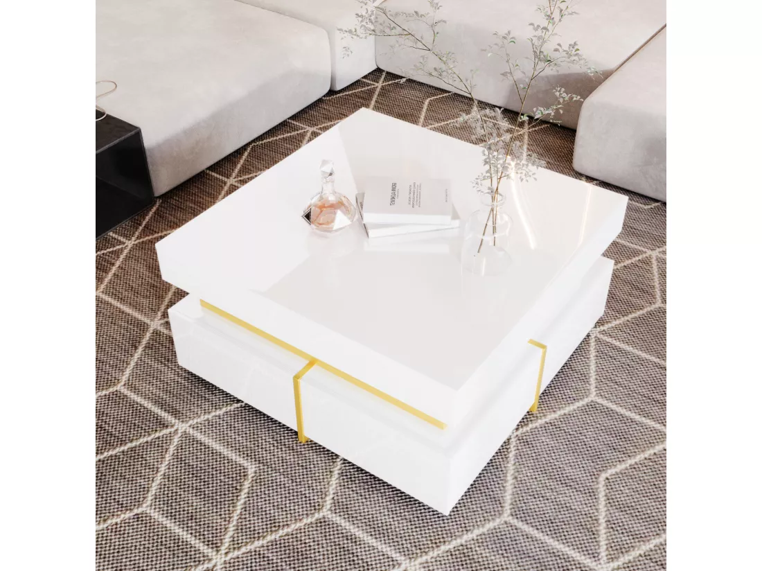 Table basse 70x70cmx35.5, table carré haute brillance avec tiroirs et accents dorés, blanc