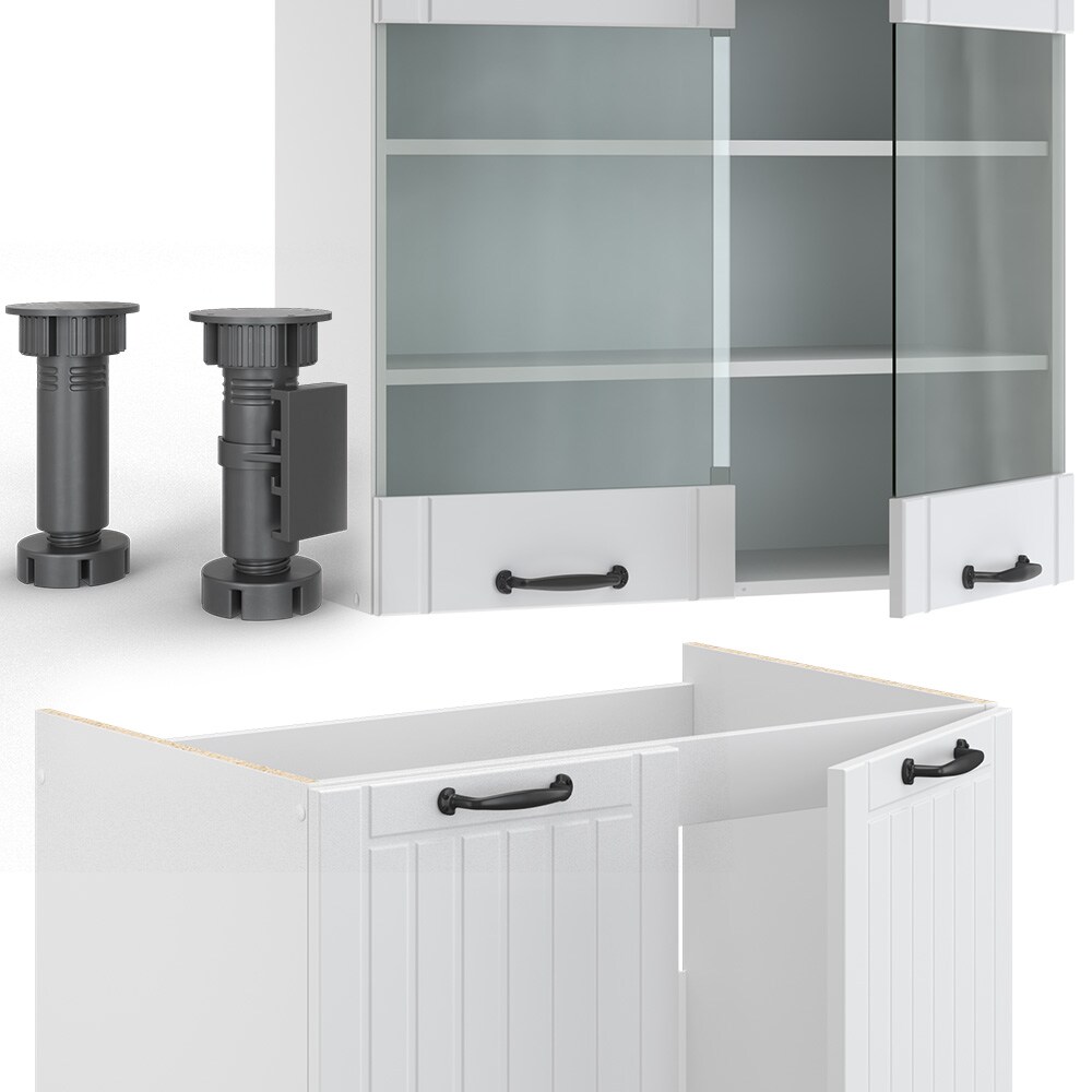 Vicco Küchenzeile Küchenblock Einbauküche Fame-Line Landhaus Weiß 235 cm Küchen Schränke Hängeglasschrank Hängeschrank Schubladenunterschrank Spülenunterschrank Herdumbauschrank