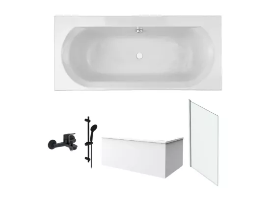 Pack baignoire 170 x 75 JACOB DELAFON Elise + tablier angle + pommeau et mitigeur bain noir Aimé + pare bain chromé + vidage
