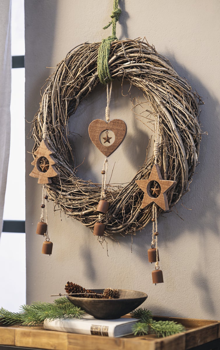 FRANK FLECHTWAREN | Houten belhangers, set van 3, hoogte: 40 cm, hout, metaal, sisal