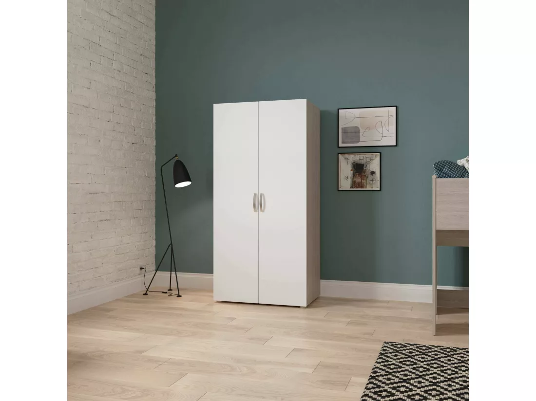 Garde-robe 2 portes Dfreita, Meubles de chambre, Penderie de plain-pied, Placard à vêtements, 79x52 h166 cm, Chêne clair et Blanc mat