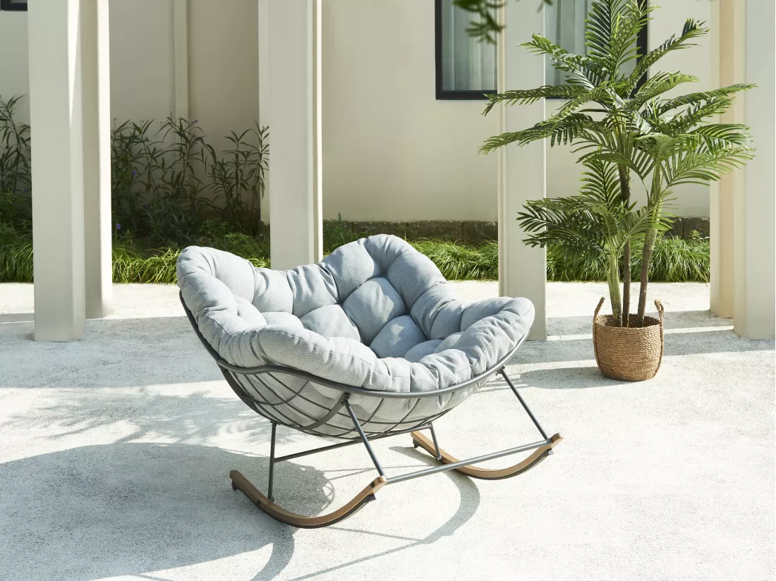 Fauteuil de jardin à bascule en acier - Noir et coussin gris - LIZARO de MYLIA