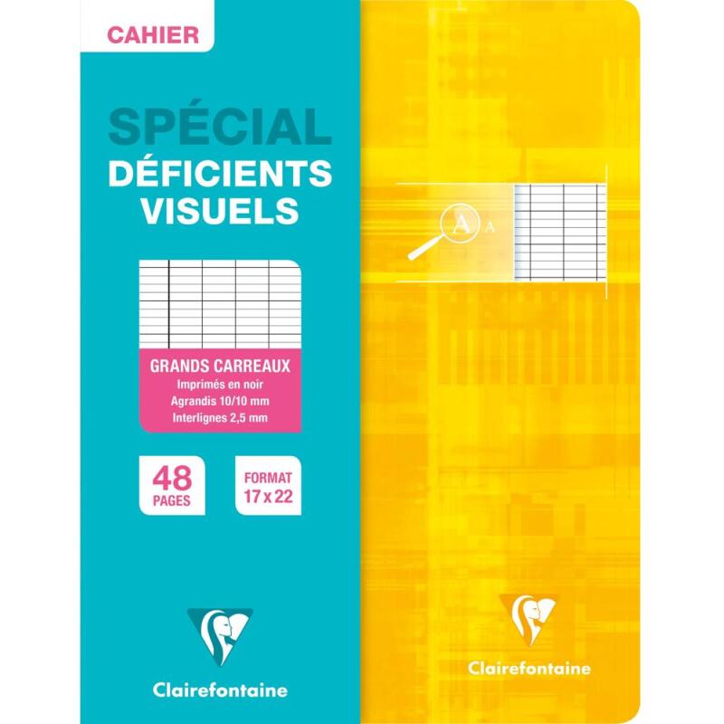 Cahier piqué déficients visuels 17x22 cm 48 pages grands carreaux 2 ,5mm agrandis 10x10 - Assortis