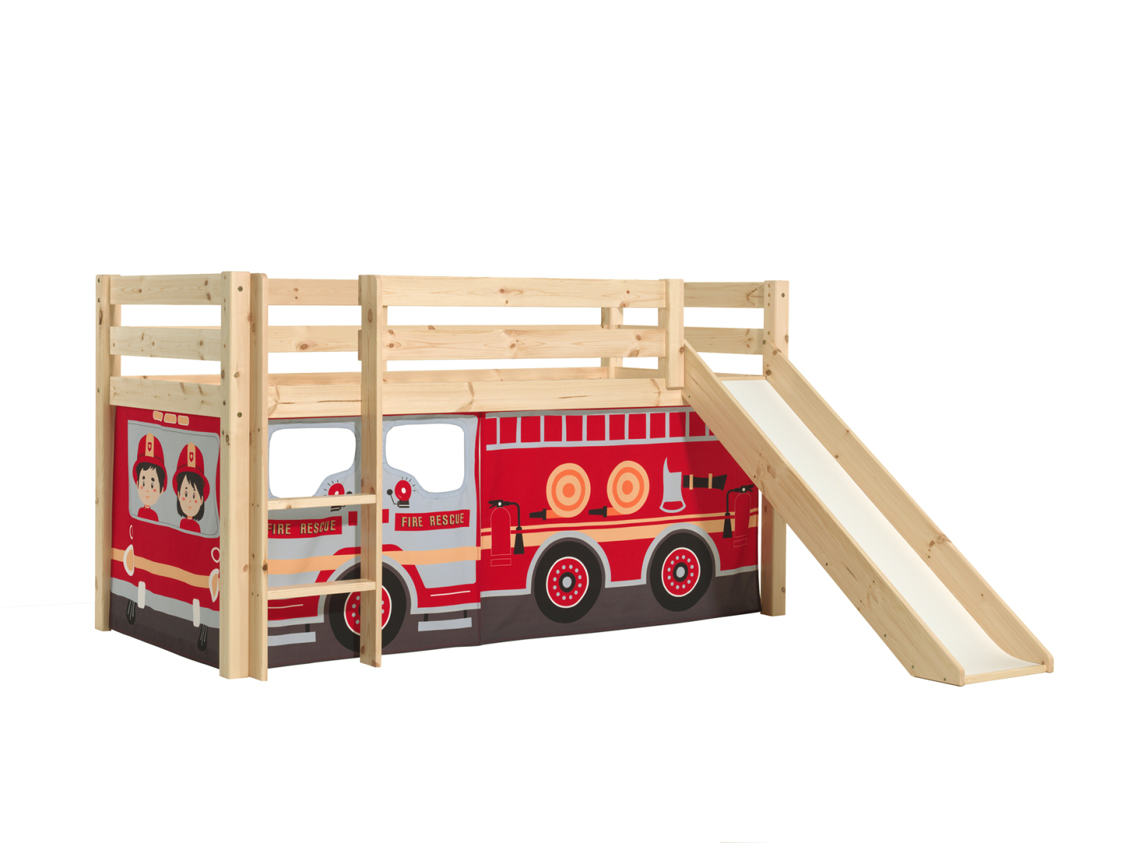 Halbhochbett PINO - Fire Rescue - Kiefer natur Massivholz - mit Rutsche - 90x200 cm