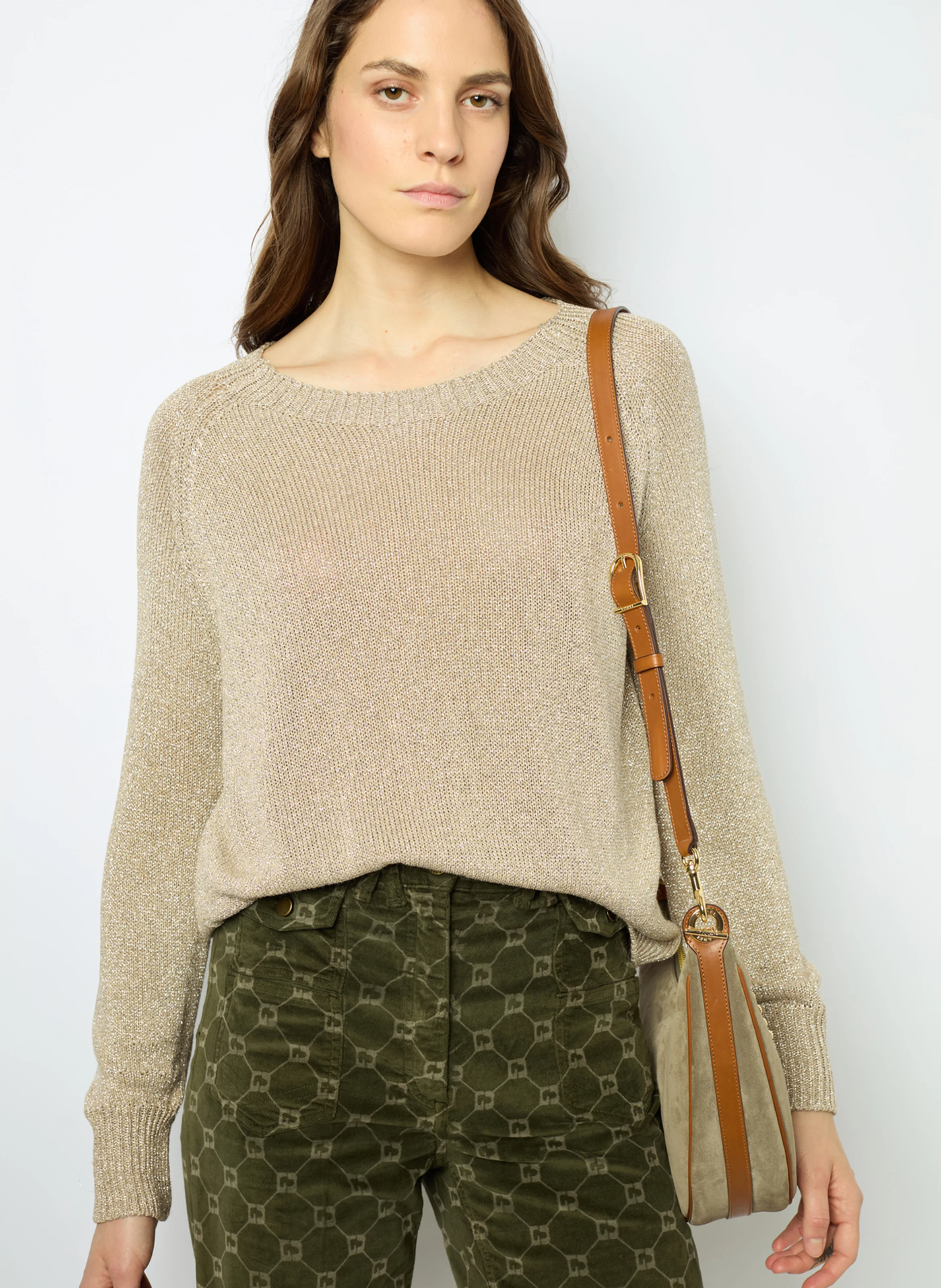 JAYLIN - Pull fin col rond en lurex | Beige