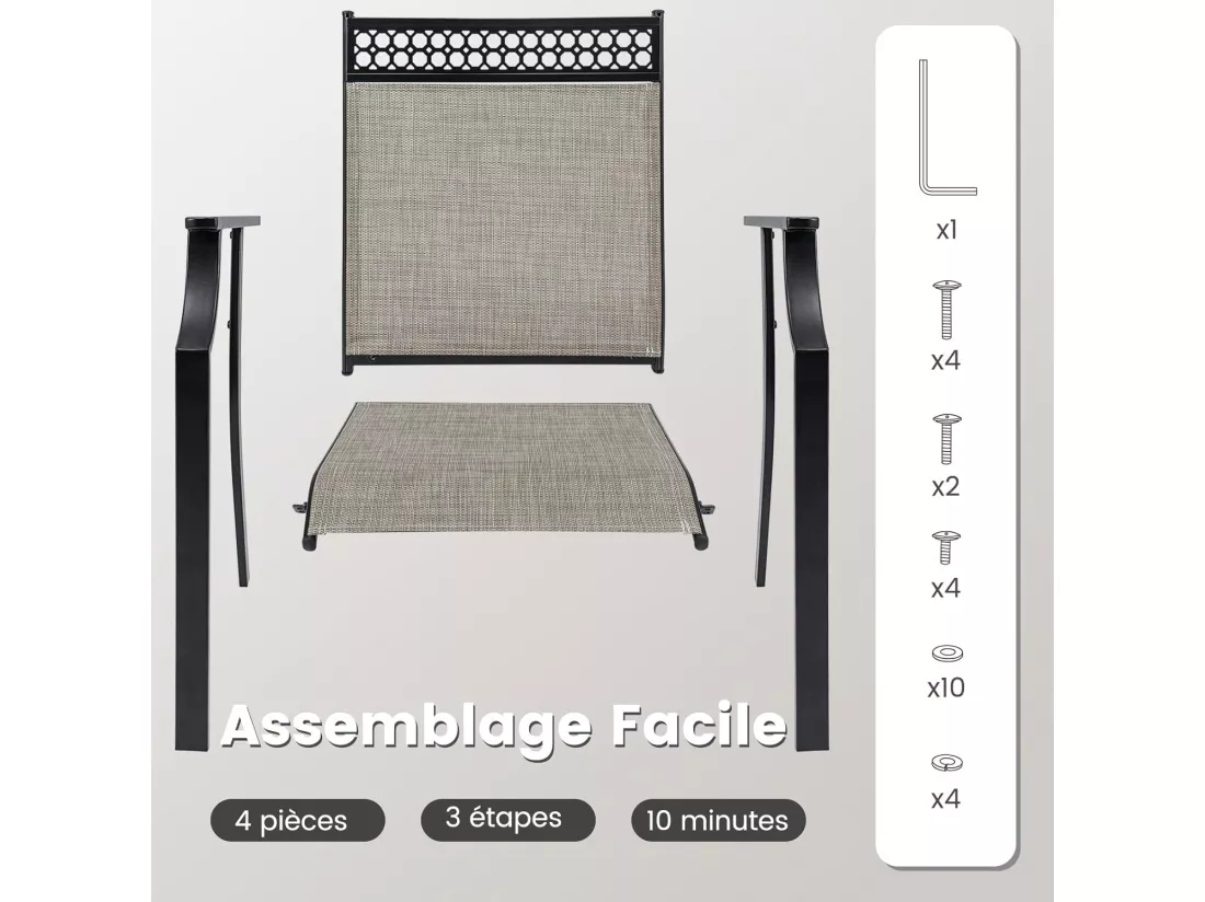 Lot de 2 Chaises de Jardin avec Cadre en Métal, Chaises à Dossier Haut en Teslin à Séchage Rapide, Fauteuil d'Extérieur pour Toutes Saisons, Charge 150 KG, pour Cour, Balcon, Piscine (Café)