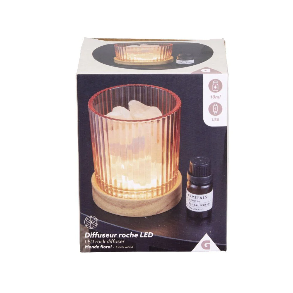 Diffuseur roche LED base bois avec 1 huile essentielle - 2 modèles