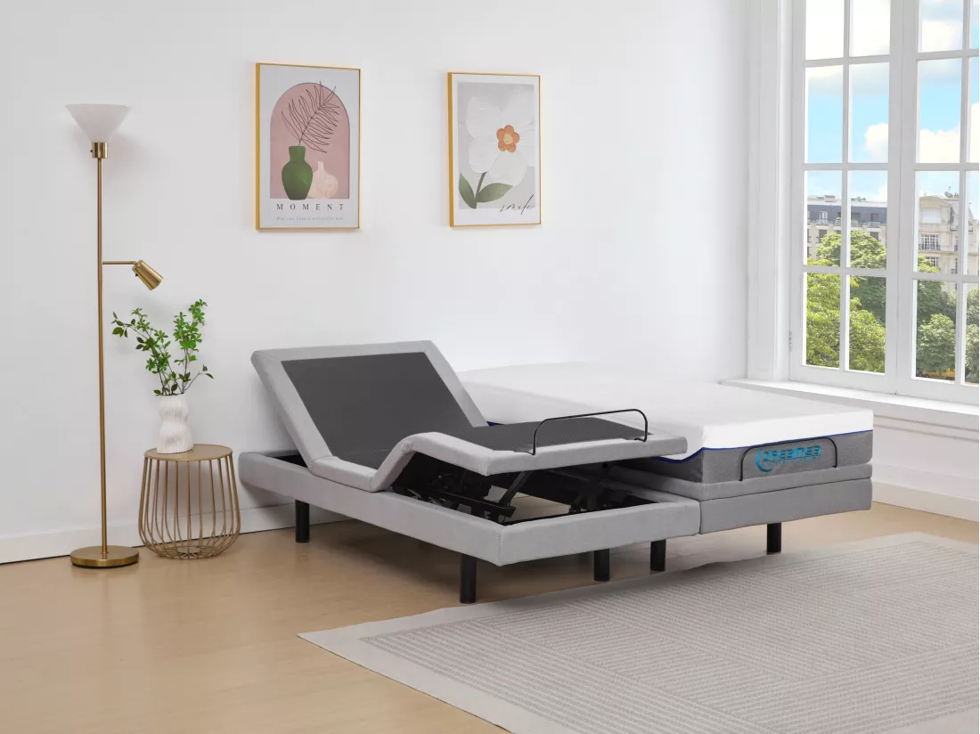 Lit électrique de relaxation déco + matelas mémoire de forme - 2 x 80 x 200 cm - Tissu - Gris - MENASINA de YSMÉE