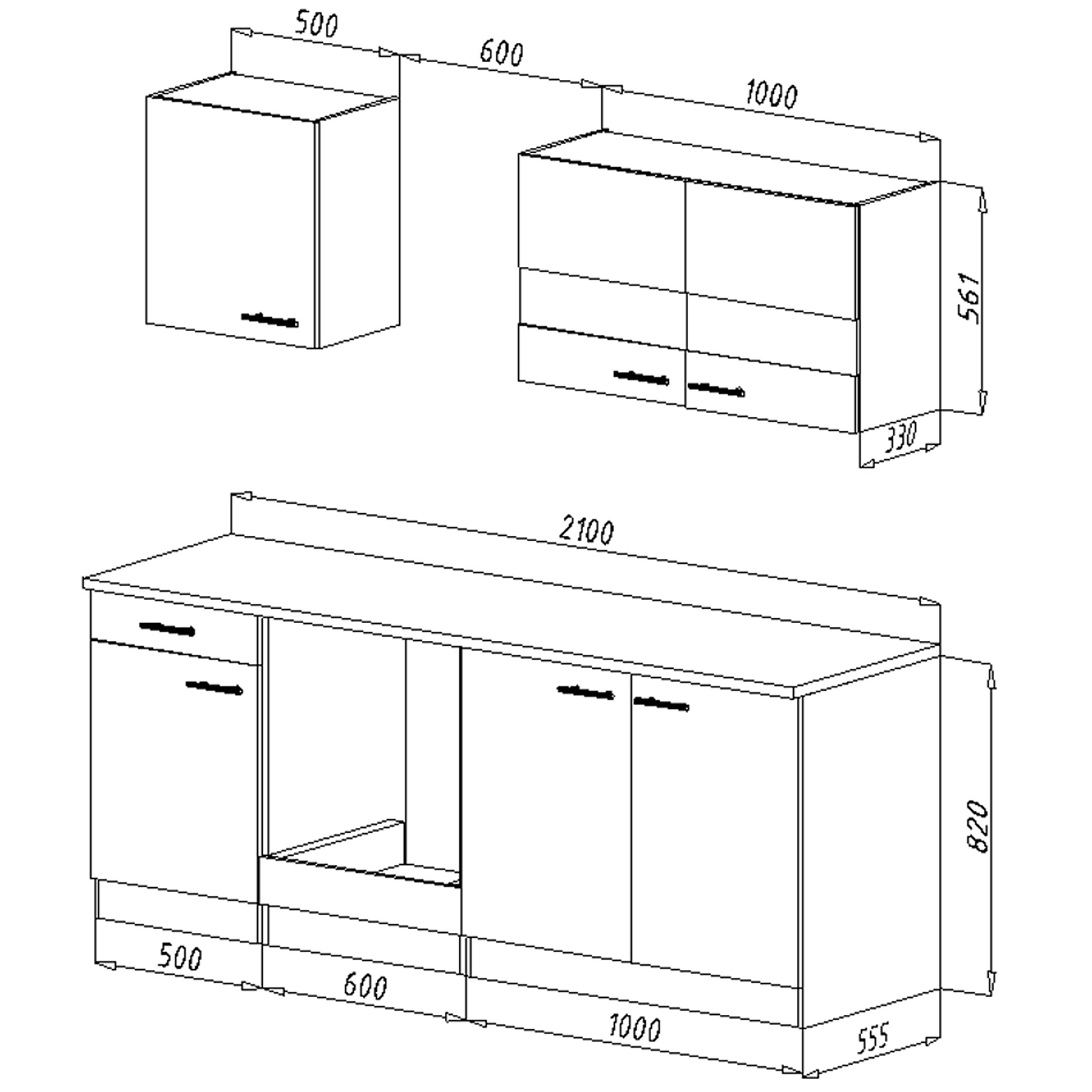 RESPEKTA Küchenzeile - schwarz - Eiche sägerau - mit E-Geräten - 210 cm