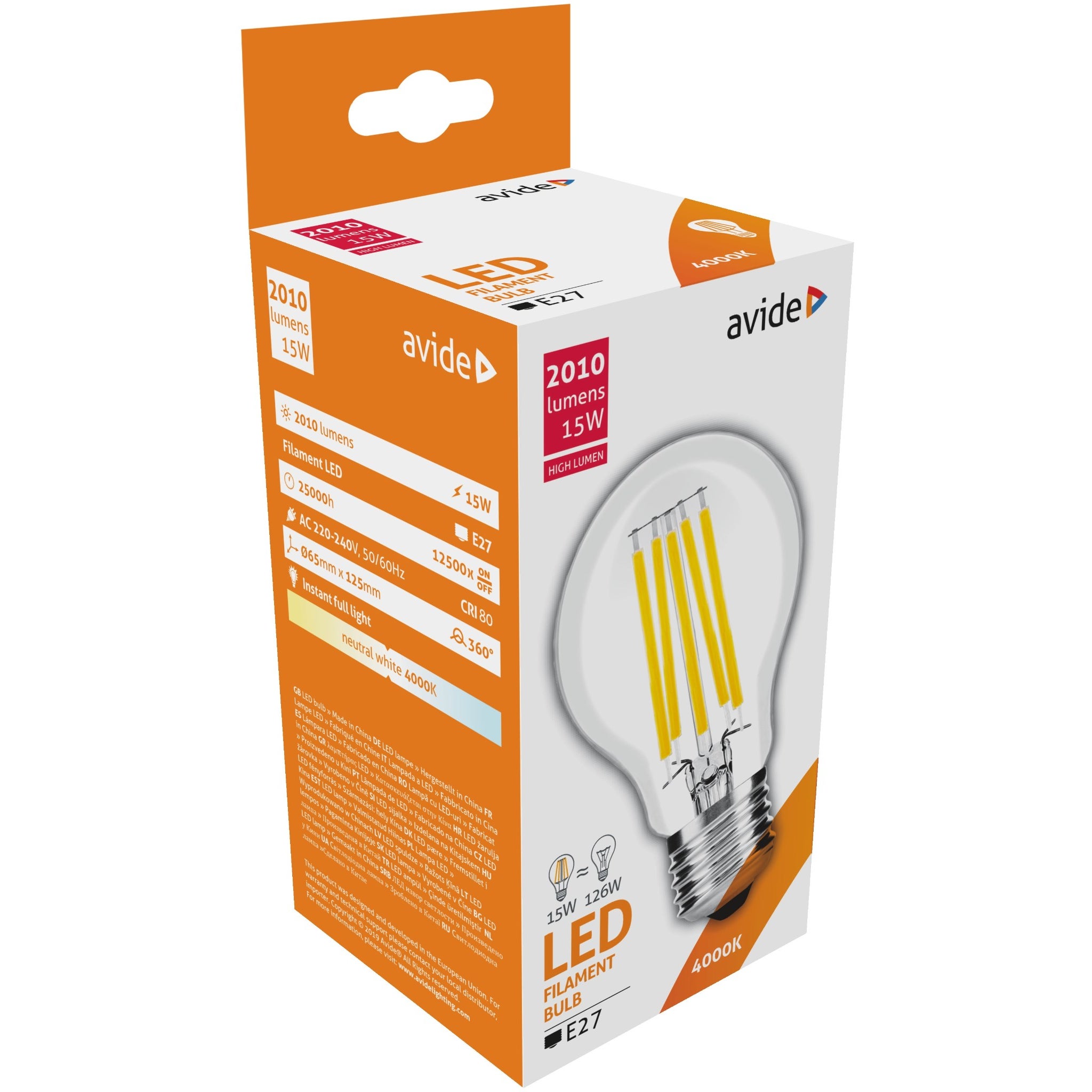 Avide LED Filament Globe 15W E27 A65 360° NW 4000K