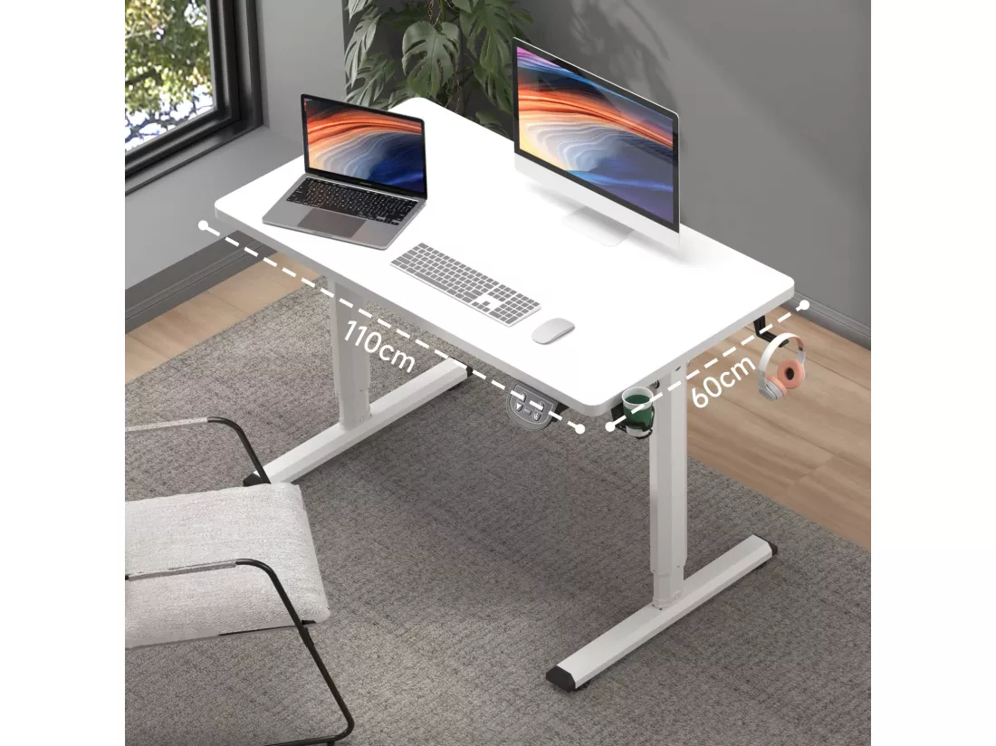Bureau Assis Debout Electrique, 110x60cm, Bureau Motorisé Ergonomique, Contrôle de mémoire, Standing Desk Réglable 71-117cm, Blanc