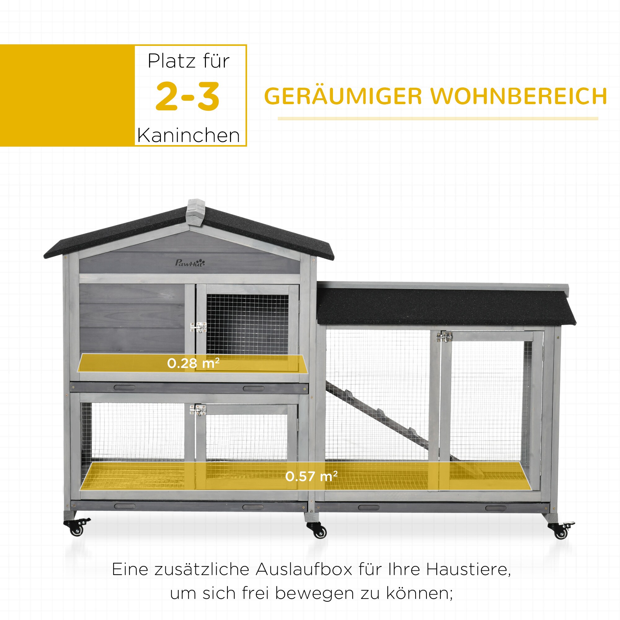 PawHut Kleintierstall mit 6 Rädern grau 157,4L x 53B x 99,5H cm