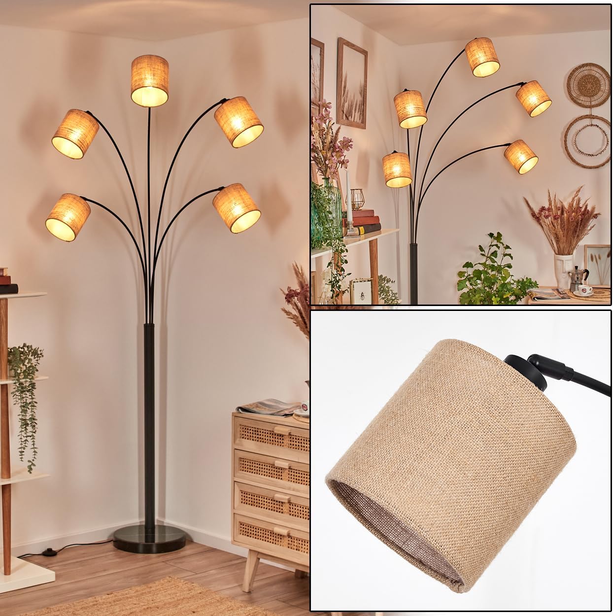 HOFSTEIN Stehleuchte Soungou, moderne Stehlampe mit Marmorfuß aus Metall/Leinen in Schwarz/Naturfarben, verstellbare Leuchte mit Fußschalter, E27, Wohnzimmer, Schlafzimmer, Flur, Büro