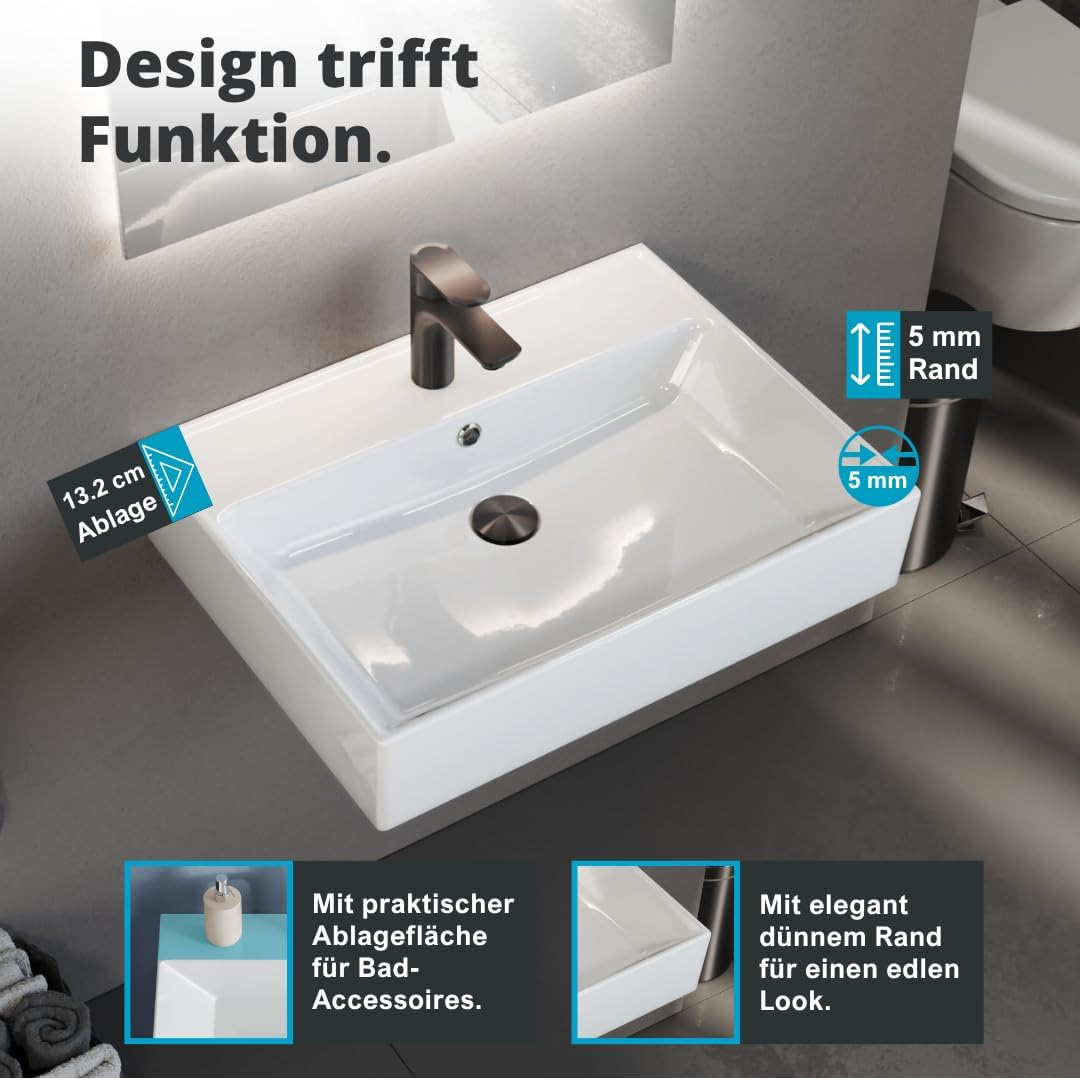 Aqua Bagno 60 cm Keramik Waschbecken Bad – modernes Aufsatzwaschbecken fürs Badezimmer, rechteckiger Waschtisch mit dünnem Rand zur Wandmontage, pflegeleichte Oberfläche, platzsparendes Eckwaschbecken