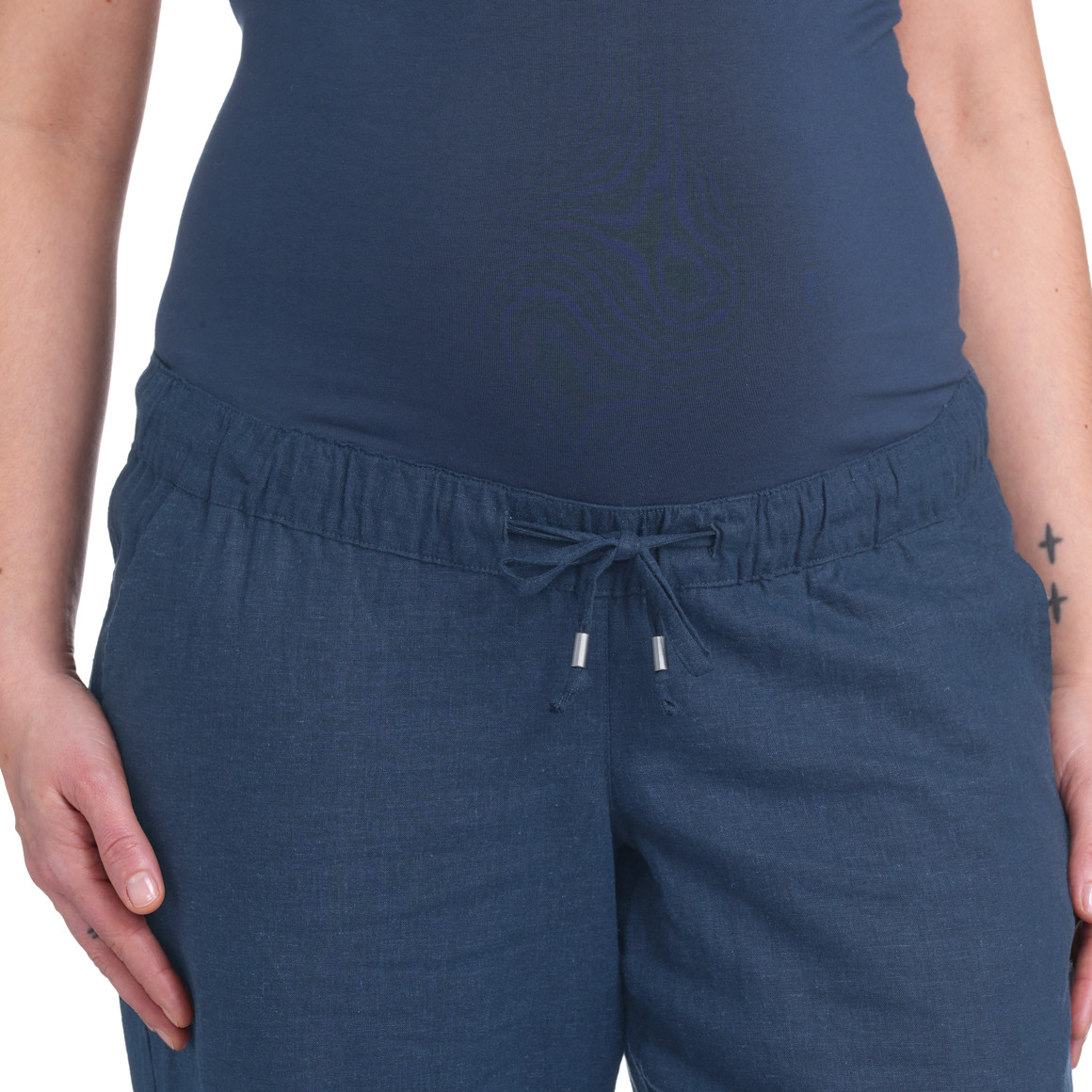 Gina Mama Damen Leinen-Umstands-Hose mit Bindeband dunkelblau