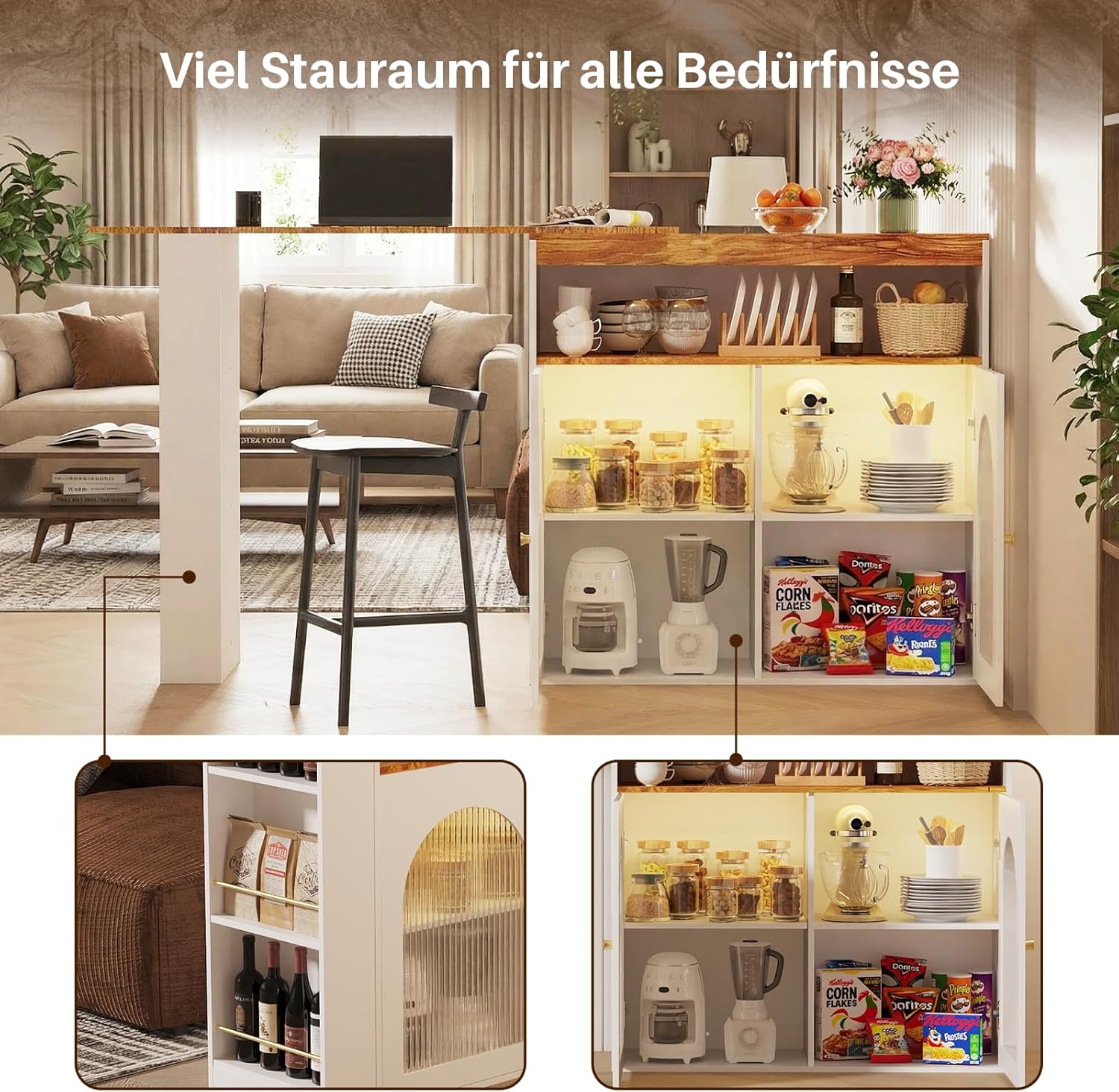 Ausziehbarer Bartisch 138–193 cm mit Stauraum, Drehbarer Stehtisch & Esstisch, Bistrotisch für Esszimmer und Küche, mit LED Beleuchtung, Weiß
