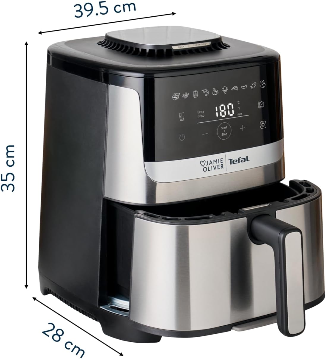 Jamie Oliver by Tefal Easy Fry Silence Deluxe Heißluftfritteuse, sehr leise, 10 voreingestellte Programme, digitaler Touchscreen, 5 l, inkl. Druckguss-Gitterrost + Deckel, Schwarz/Edelstahl, EY55JDE0