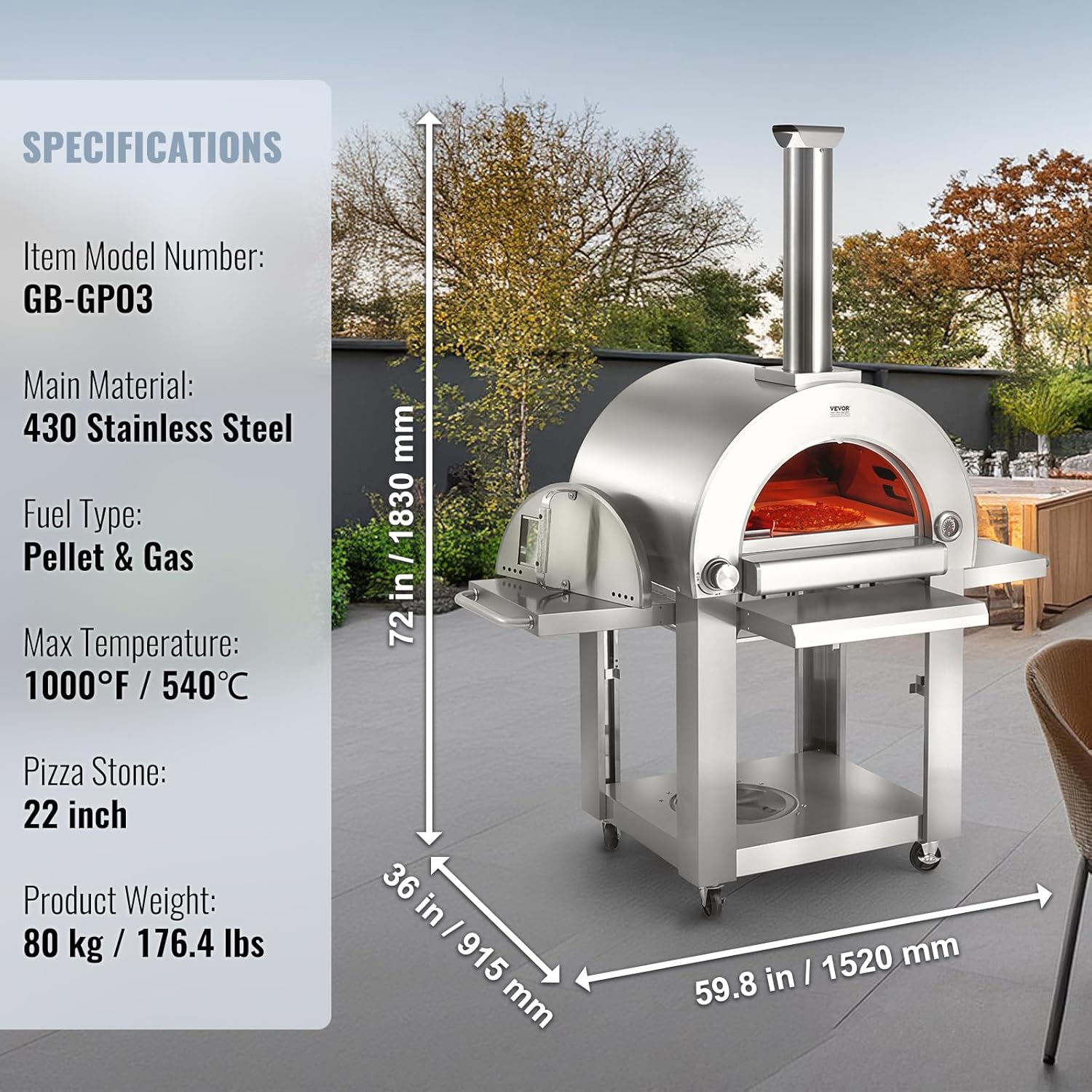 VEVOR Pizzaofen für den Außenbereich tragbarer 558mm Pizzamaker, pellet- und gasbetriebener Outdoor-Pizzaofen mit verdicktem Cordierit-Pizzastein, für Camping und Garten