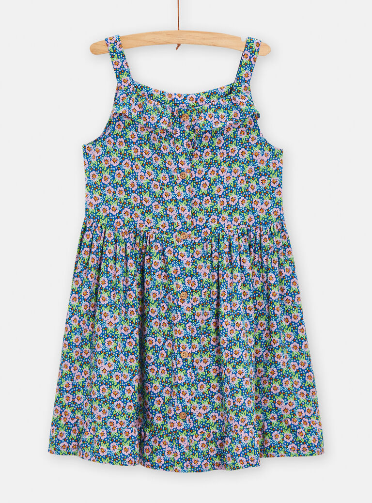 Robe bleu à bretelle imprimée fleuri pour fille