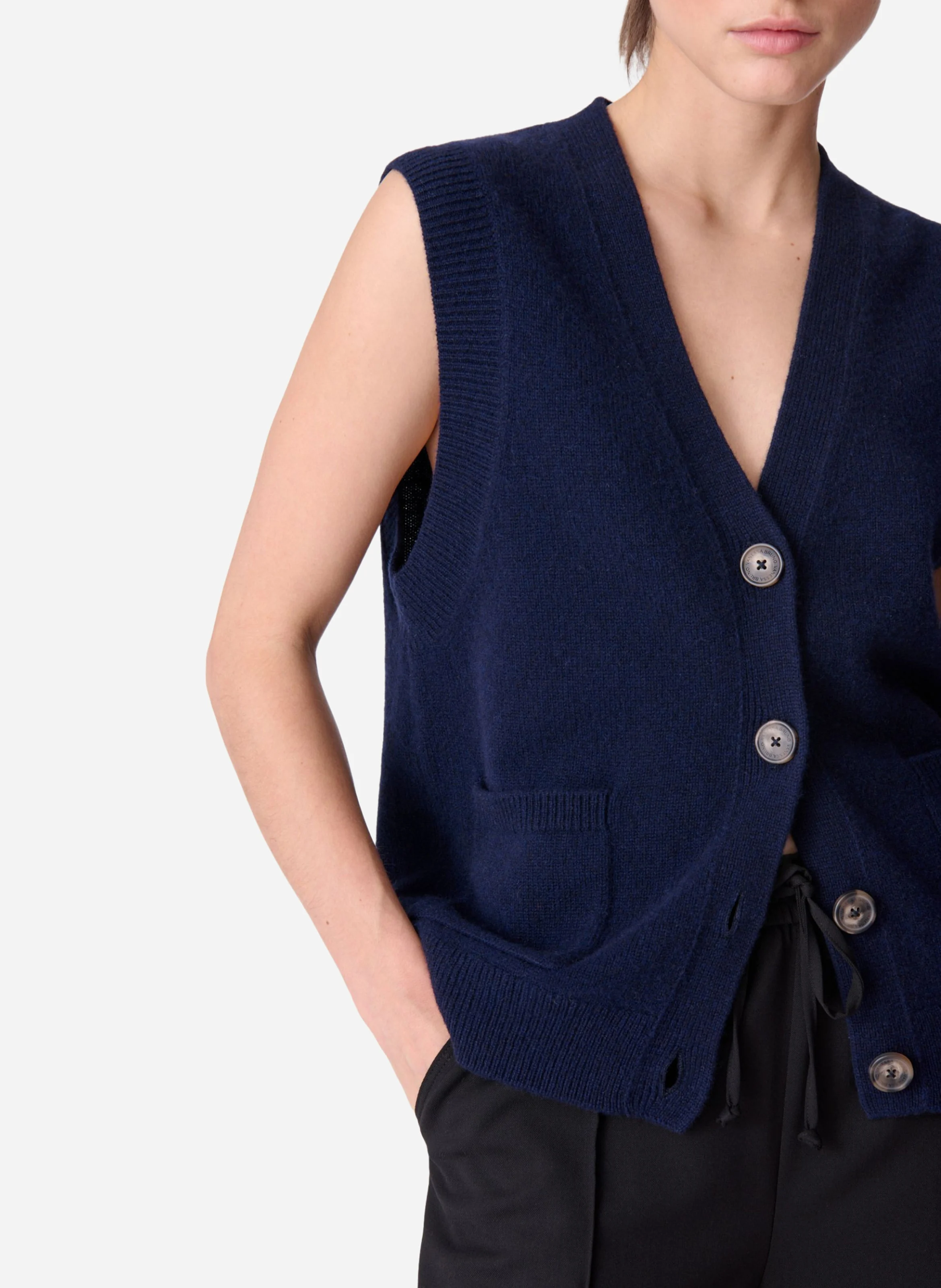 DASHLEY - Gilet droit col V en laine | Bleu