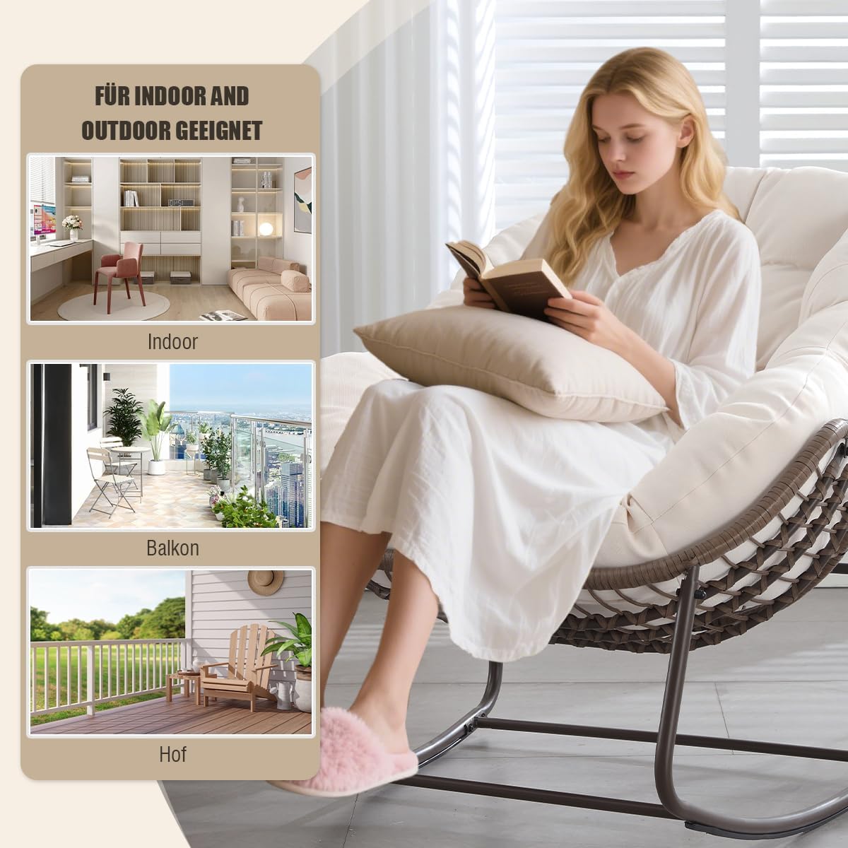 Schaukelstuhl Schaukelsessel mit Rattan, Loungesessel drinnen & draußen, Ei-Schaukelstuhl für Wohnzimmer Balkon Garten Outdoor und Indoor Samt Weiß