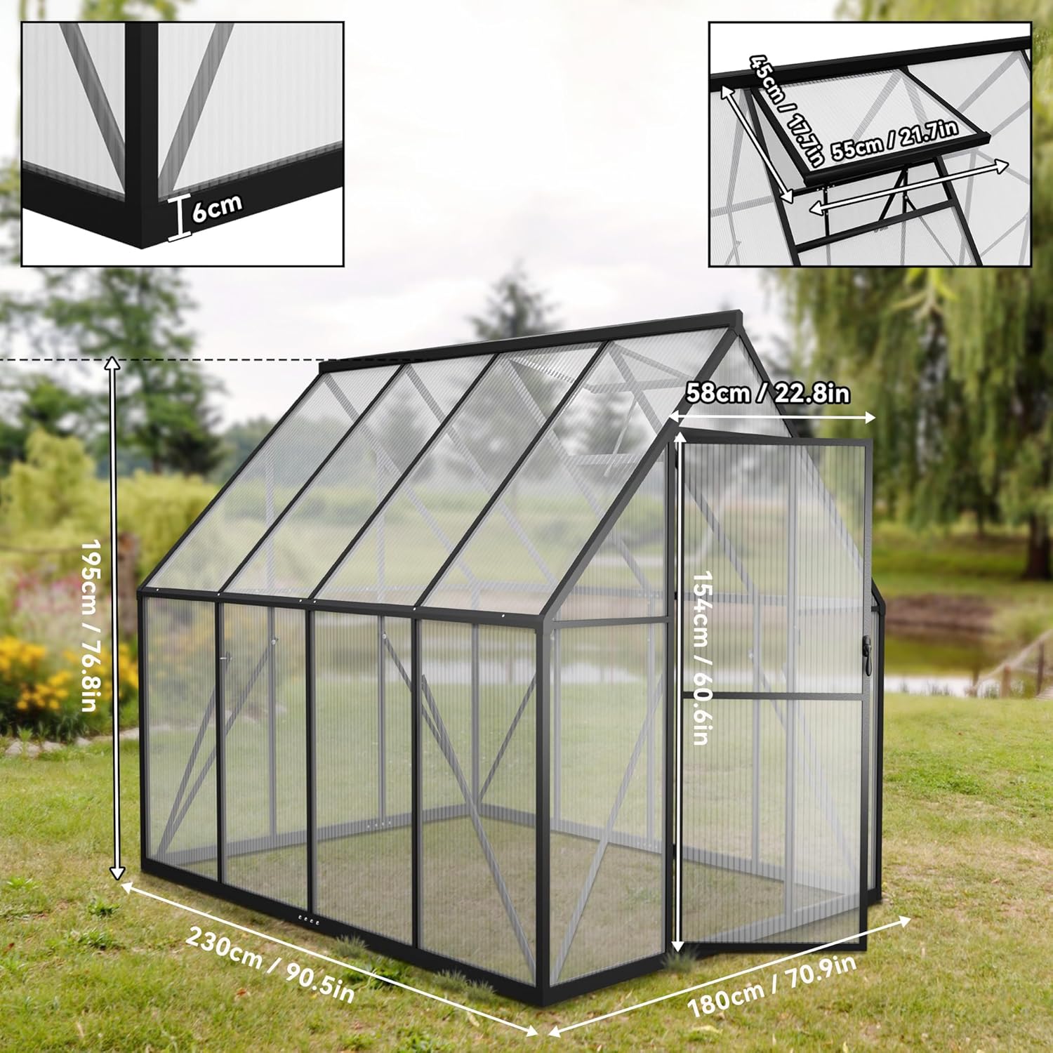 Gewächshaus Aluminium Treibhaus mit Transparent PC Platten Dachfenster & Tür & Fundament 230x180x195cm Winterfest Gartengewächshäuser Begehbares Pflanzenhaus für Garten Outdoor