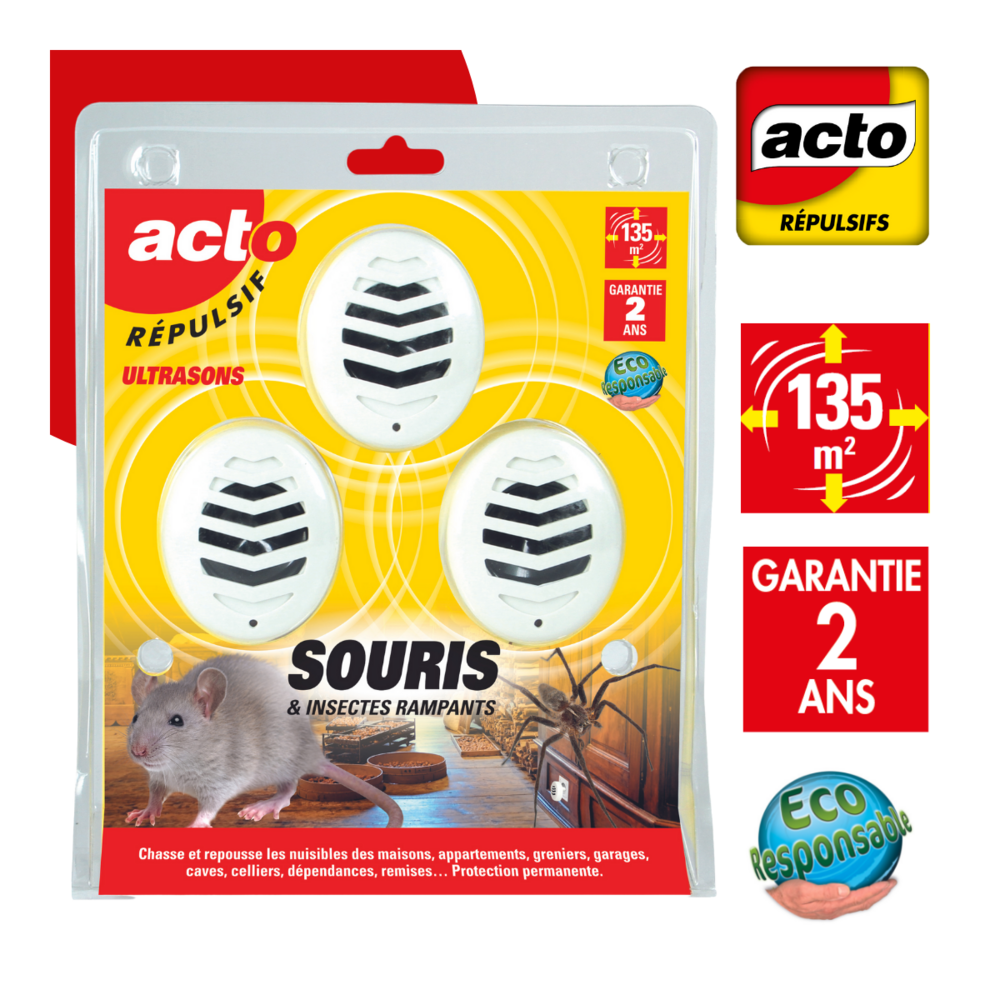 Répulsif ultrasons souris - insectes rampants - araignées - lot de 3