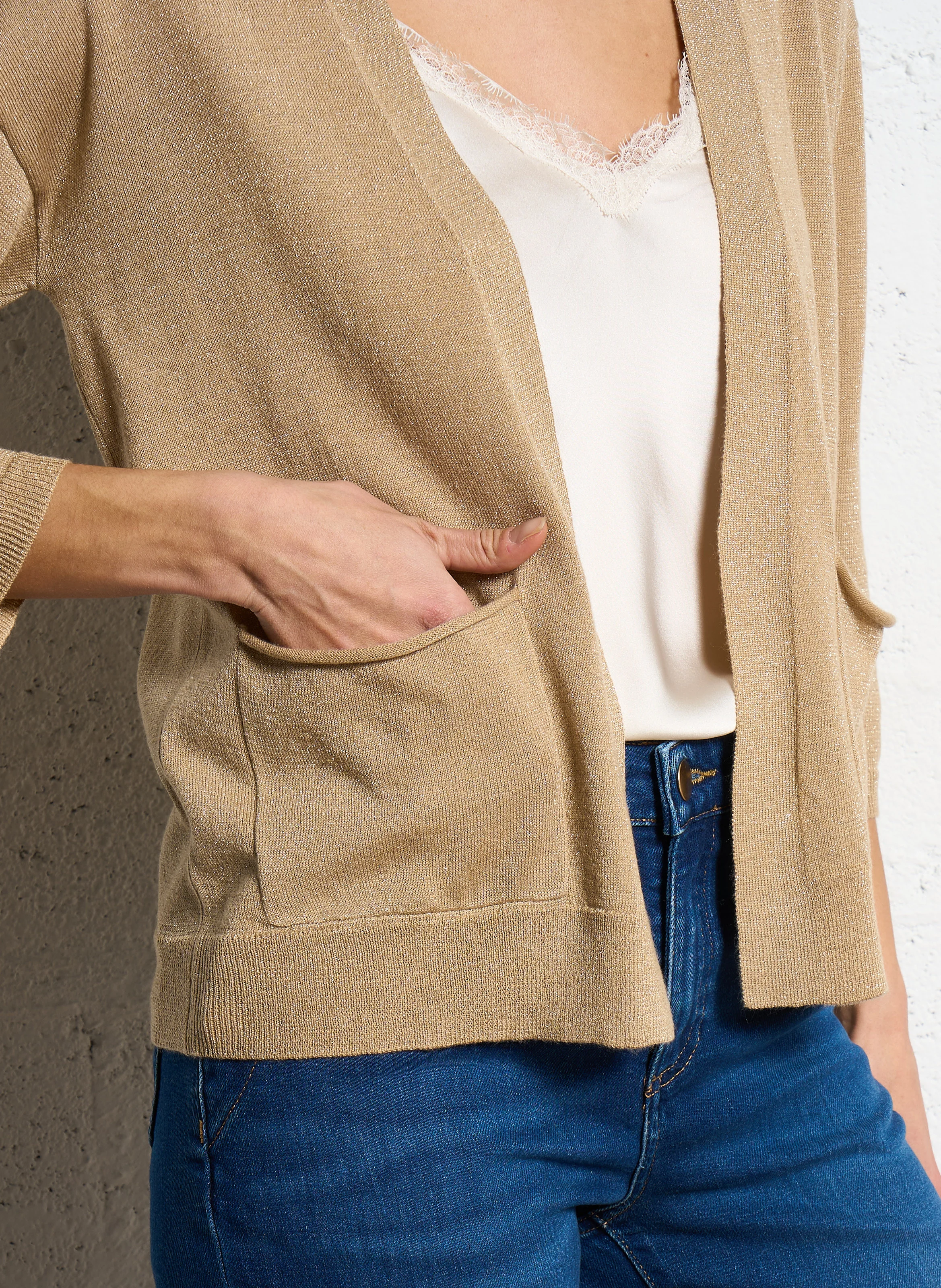 LILOU - Gilet ouvert avec fils métallisés en maille | Beige