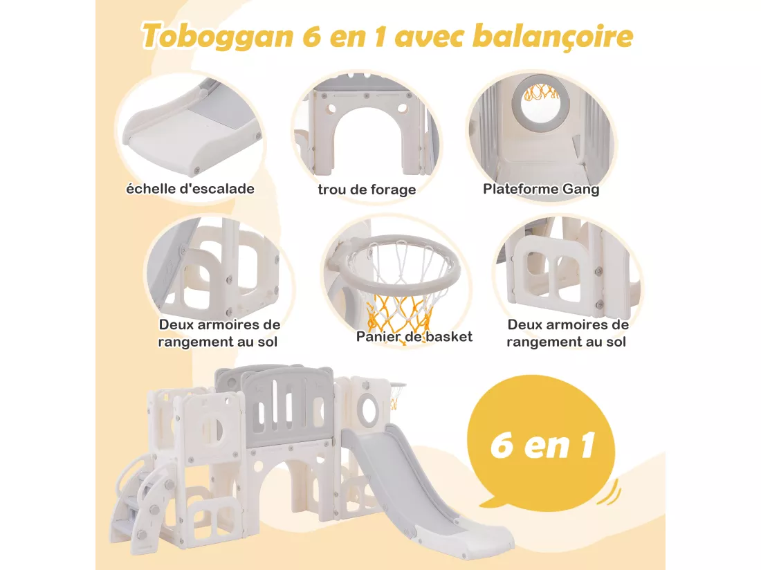Toboggan 6 en 1 en PEHD pour enfant, avec plate-forme, escalier, 2 zondes de rangement, arcade, panier de basket, gris