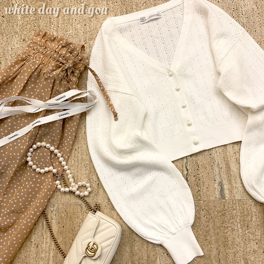 Glotto - V-hals effen pointelle gebreide cropped cardigan
