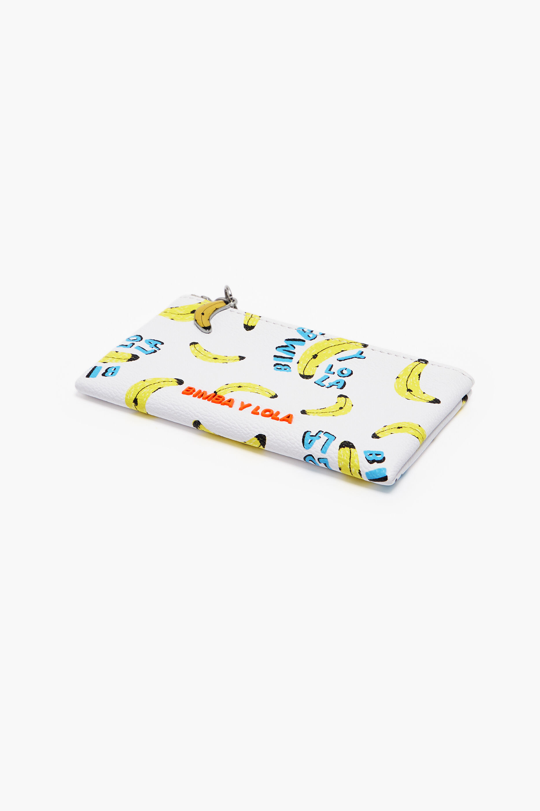 Porta-moedas retangular branco com textura de estampa de banana.