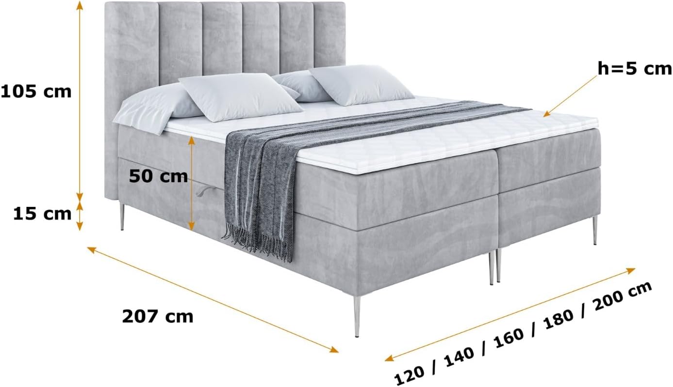 ALTDECOR Boxspringbett mit Silber Füßen, Matratze und Lattenrost, Boxbett, Topper, Polsterbett mit Bettkasten, Bett mit Stauraum H3-Matratze, Doppelbett - BOXI1-FS- 200x200 - Grau Monolith 84