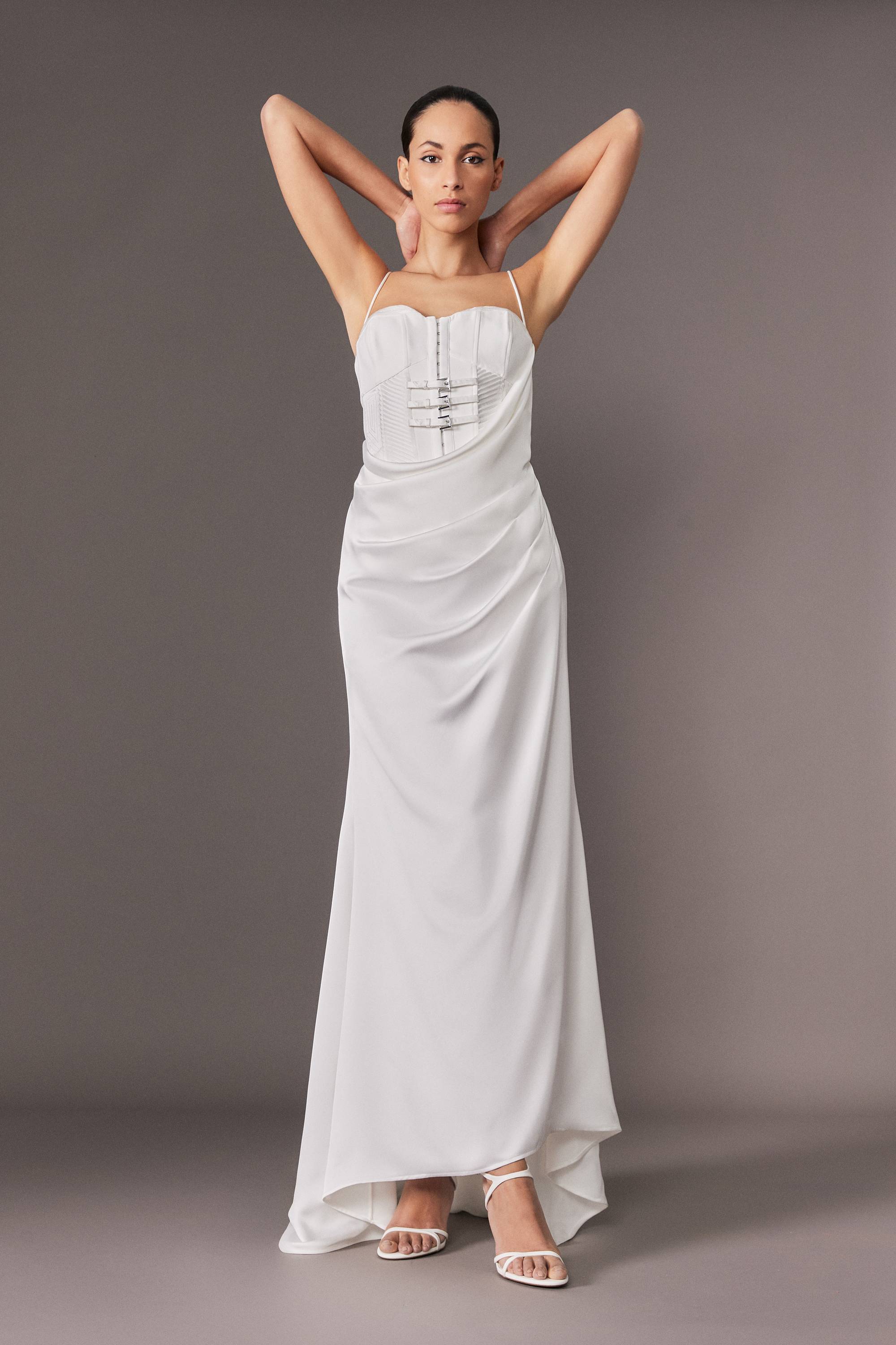 KarenMillen Collection Archive - Robe Maxi corset sur mesure en satin drapé façon queue de poisson