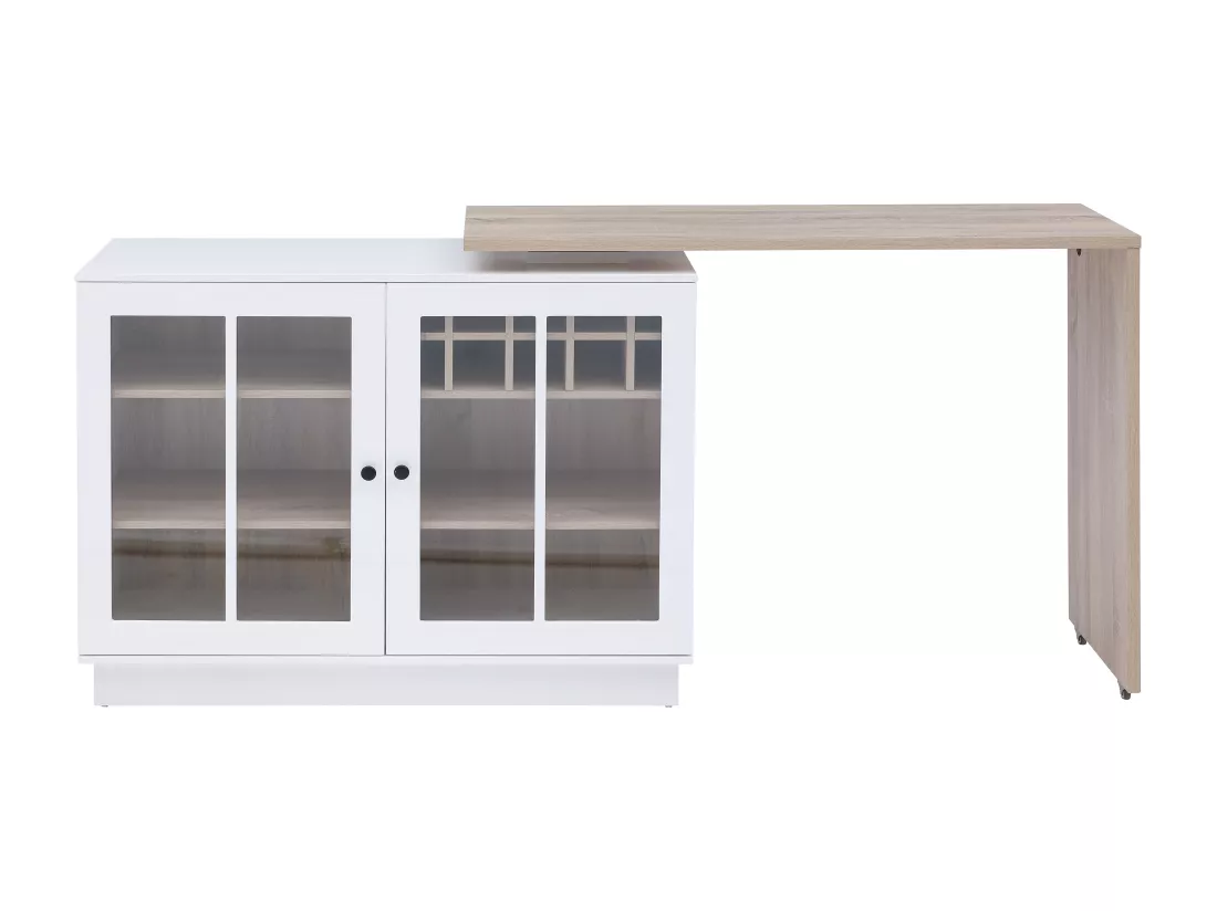 Meuble de bar pivotant avec rangements - Blanc et naturel - ARAMETA