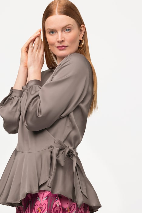 Wickelbluse, Satin, Schößchen, V-Ausschnitt, Langarm