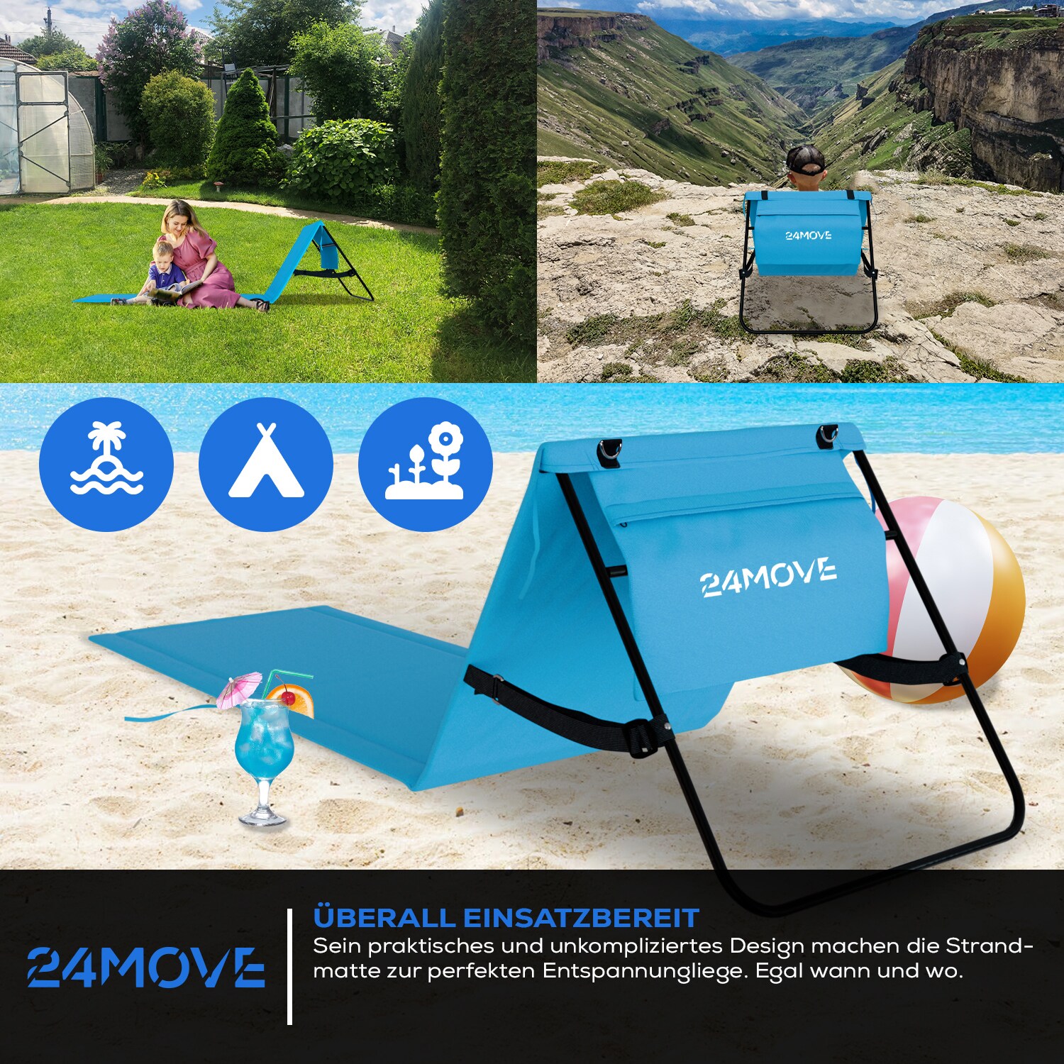 24MOVE® Strandmatte 1er Set klappbar mit Rückenlehne, Strandliege mit Gurt, tragbar für Strand und Garten, Liegematte blau