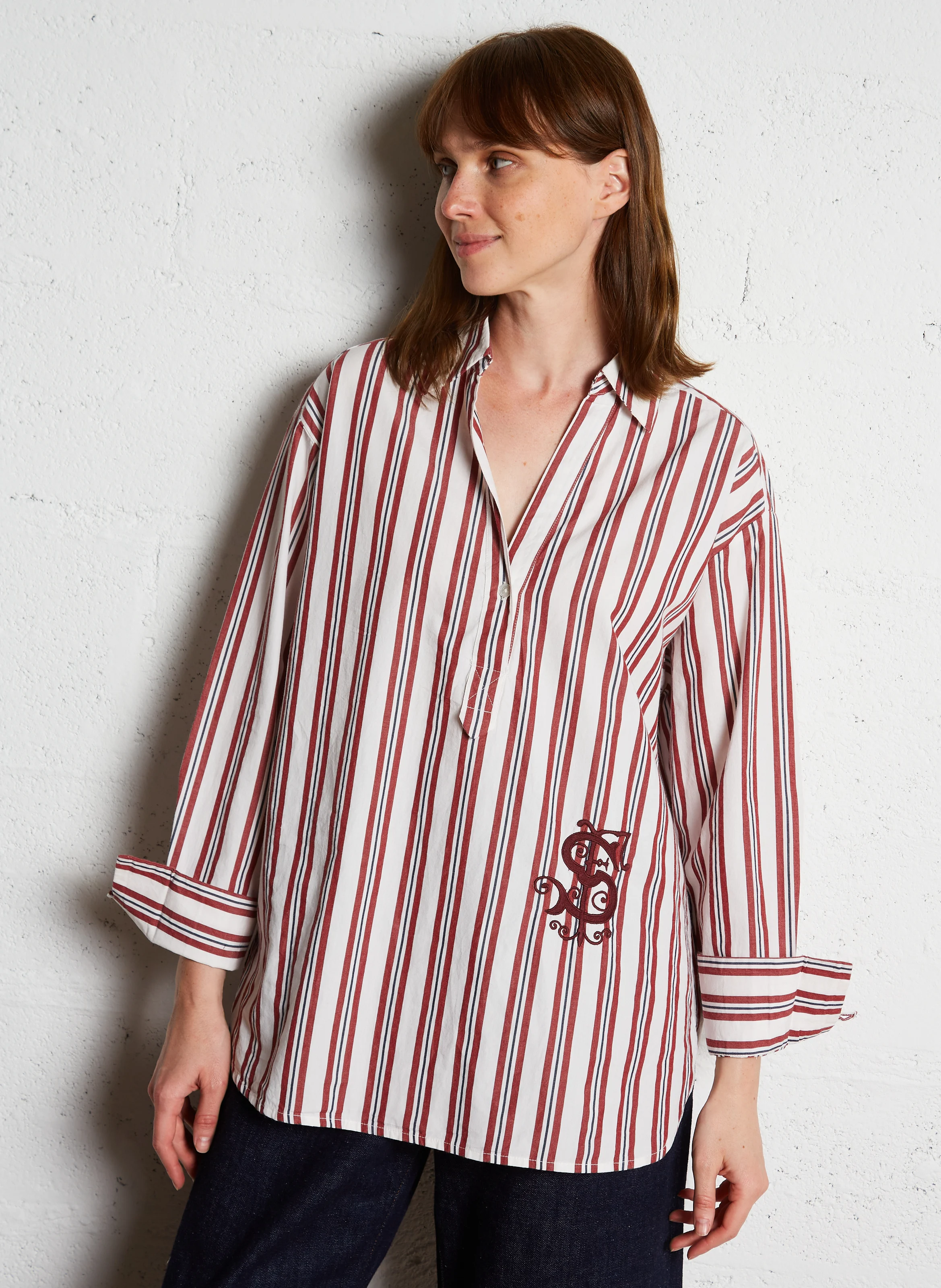 ANNABELLE - Tunique col classique ample en coton rayé | Rouge