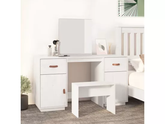 Ensemble de coiffeuse avec miroir Blanc Bois de pin solide