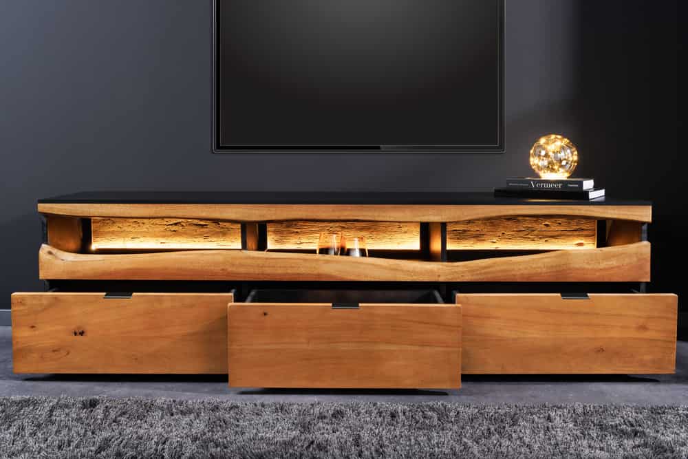 Massivholz TV-Lowboard GRAND ACACIA 180cm braun Akazie mit LED-Beleuchtung Baumkante