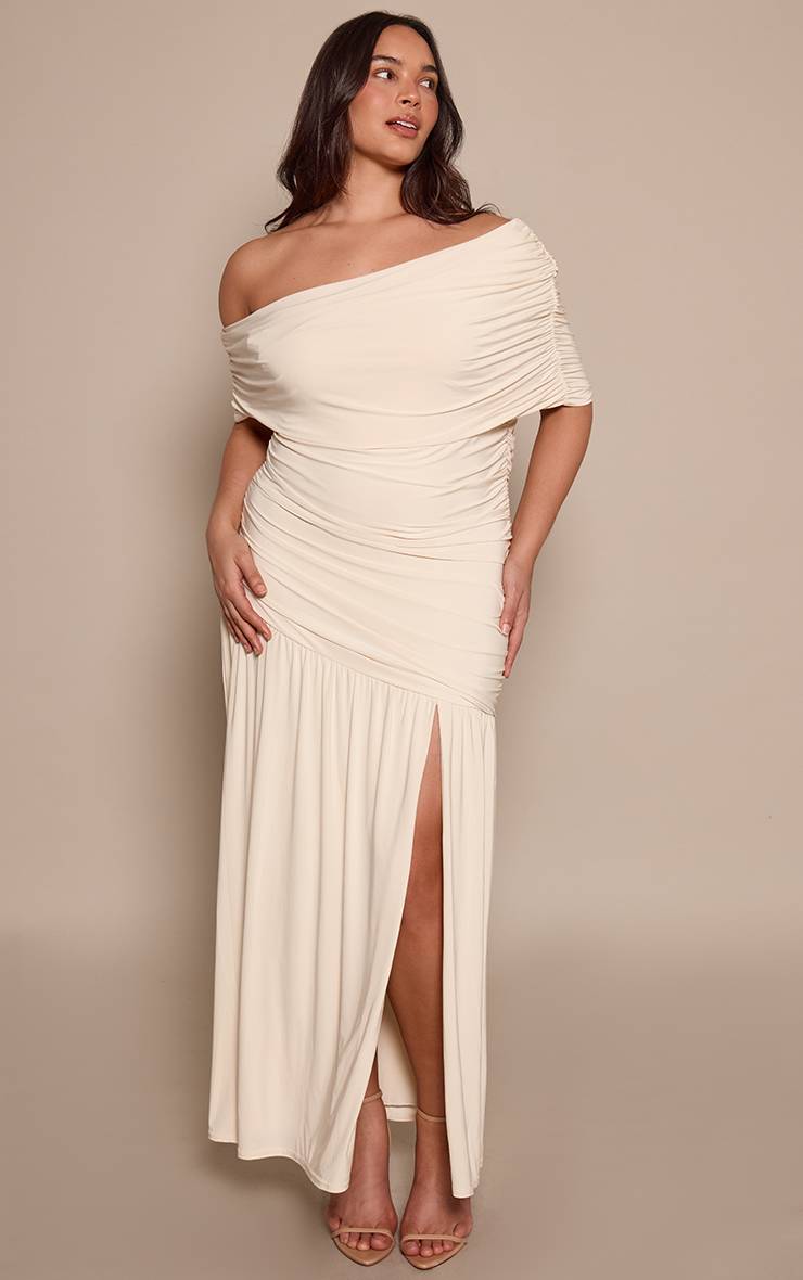 Crème Robe Longue Grande Taille À Double Couche Slinky Bardot Froncée