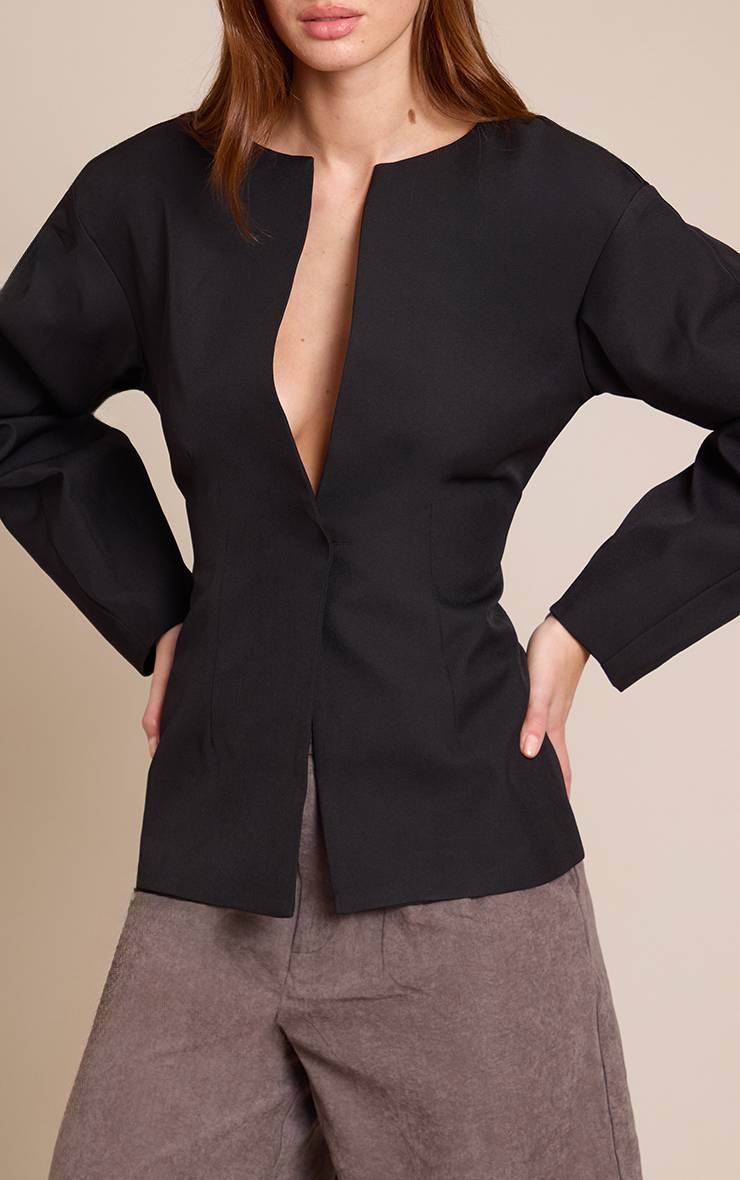 Noir Blazer Taille Cintrée À Manches Cocon