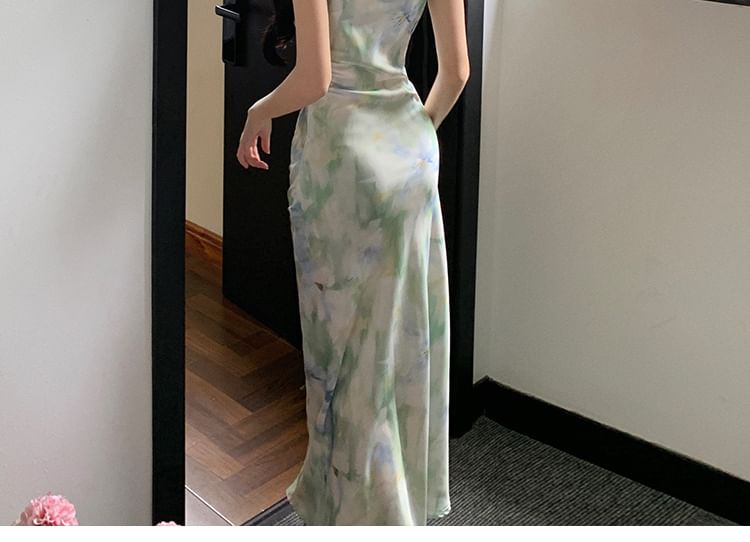 Moanum - Spaghettibandjes, col, bloemen maxi-jurk met mantel