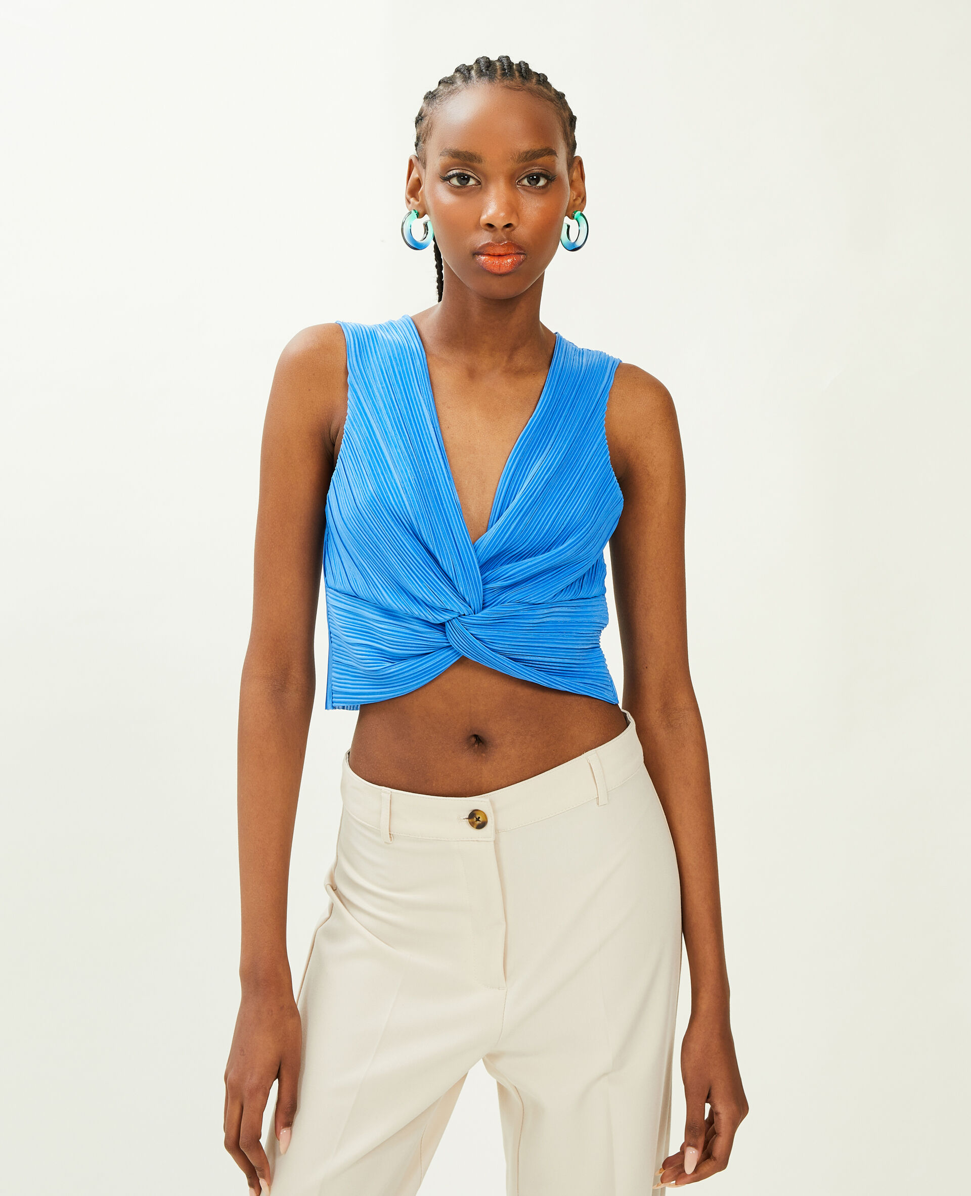 Top court en tissu plissé - Bleu