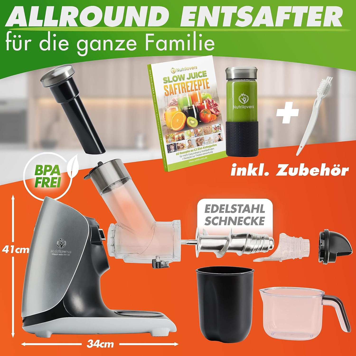 GREEN-PRESS EDELSTAHL Slow Juicer 304 Edelstahl Schnecke BPA-frei I DEUTSCHE MARKE I Ganze Früchte Sellerie Gemüse und Obst Entsafter Testsieger 2023 Allrounder Saftpresse elektrisch