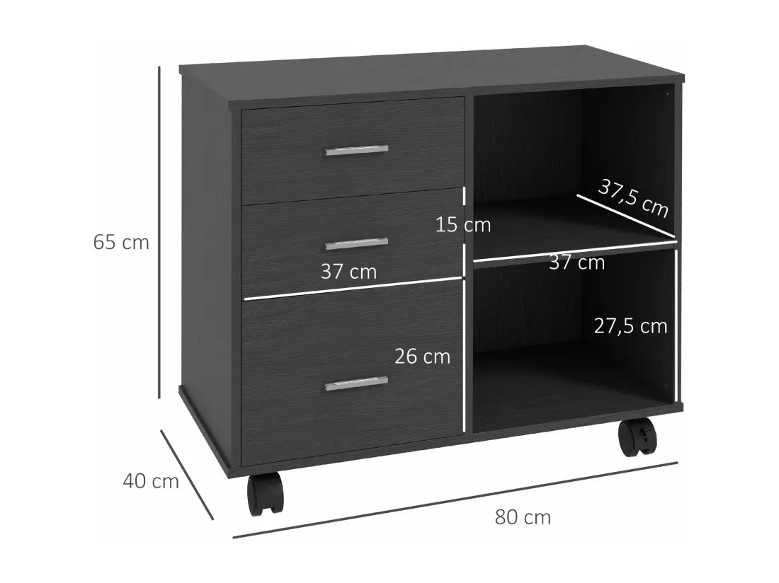 HOMCOM Support d'imprimante organiseur bureau caisson 3 tiroirs + 2 niches + grand plateau panneaux particules noir
