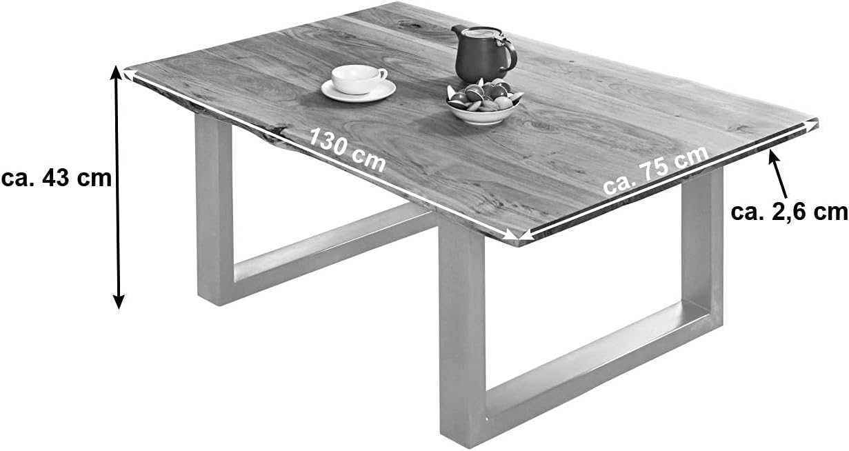 SAM Couchtisch 130 x 75 cm Billy, echte Baumkante, Akazienholz naturfarben, massiver Sofatisch, U-Metallgestell Silber