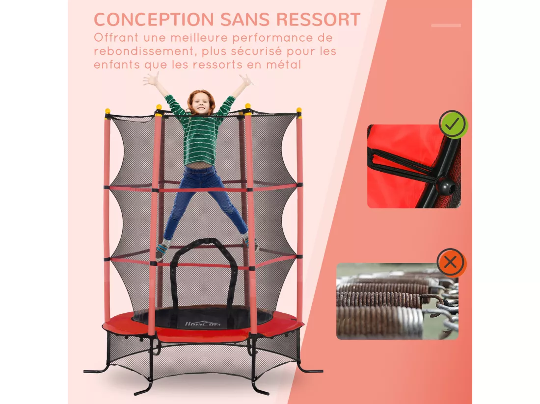 Trampoline de jardin enfants Ø 1,63 x 1,90H m filet de sécurité porte zipée couvre-ressorts + 6 poteaux rembourrés inclus rouge