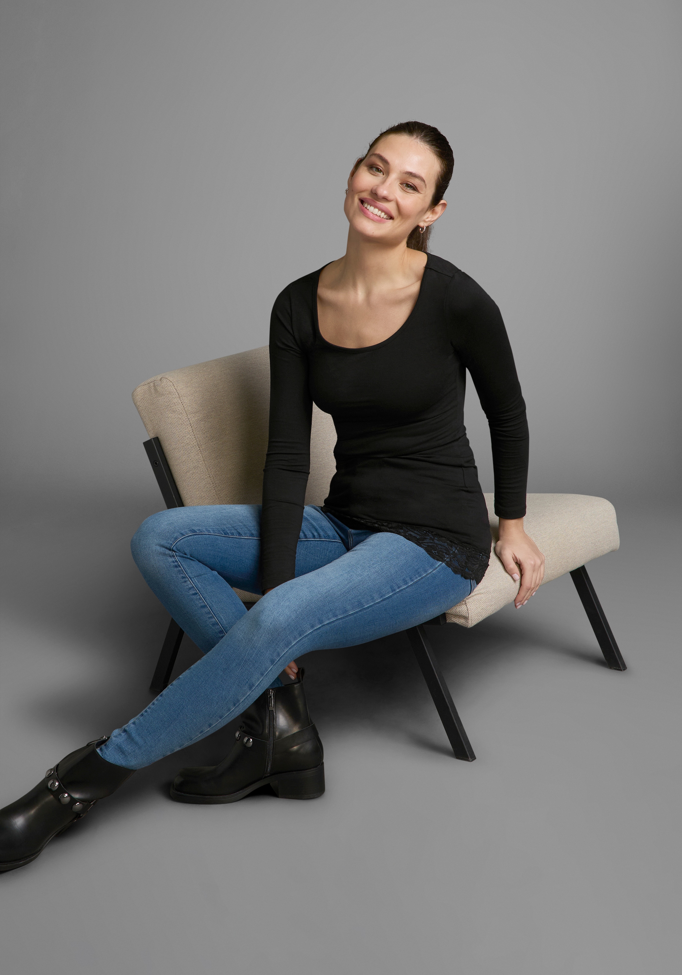 AJC Longshirt , Langarm,  figurbetonter Schnitt,  unifarben,  Rundhalsausschnitt