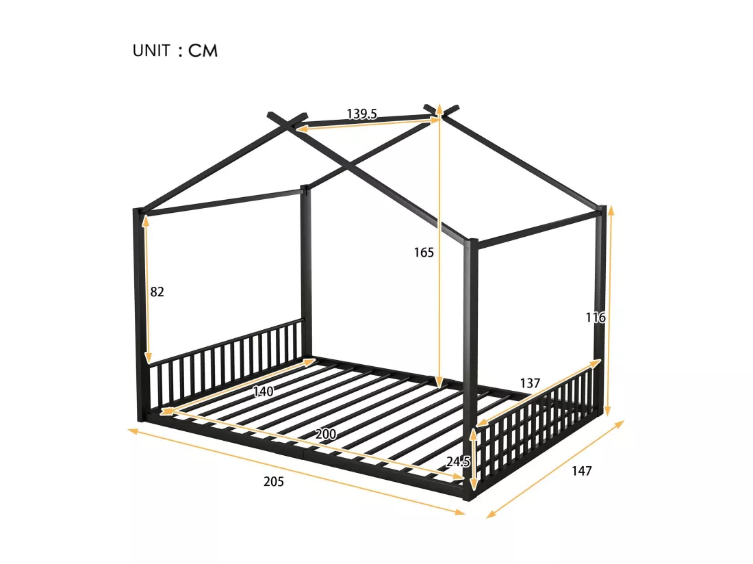 Lit cabane 140x200 cm - cadre en fer - Noir