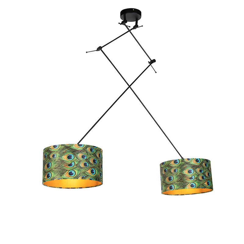 Hanglamp zwart met velours kappen pauw met goud 35 cm 2-lichts - Blitz